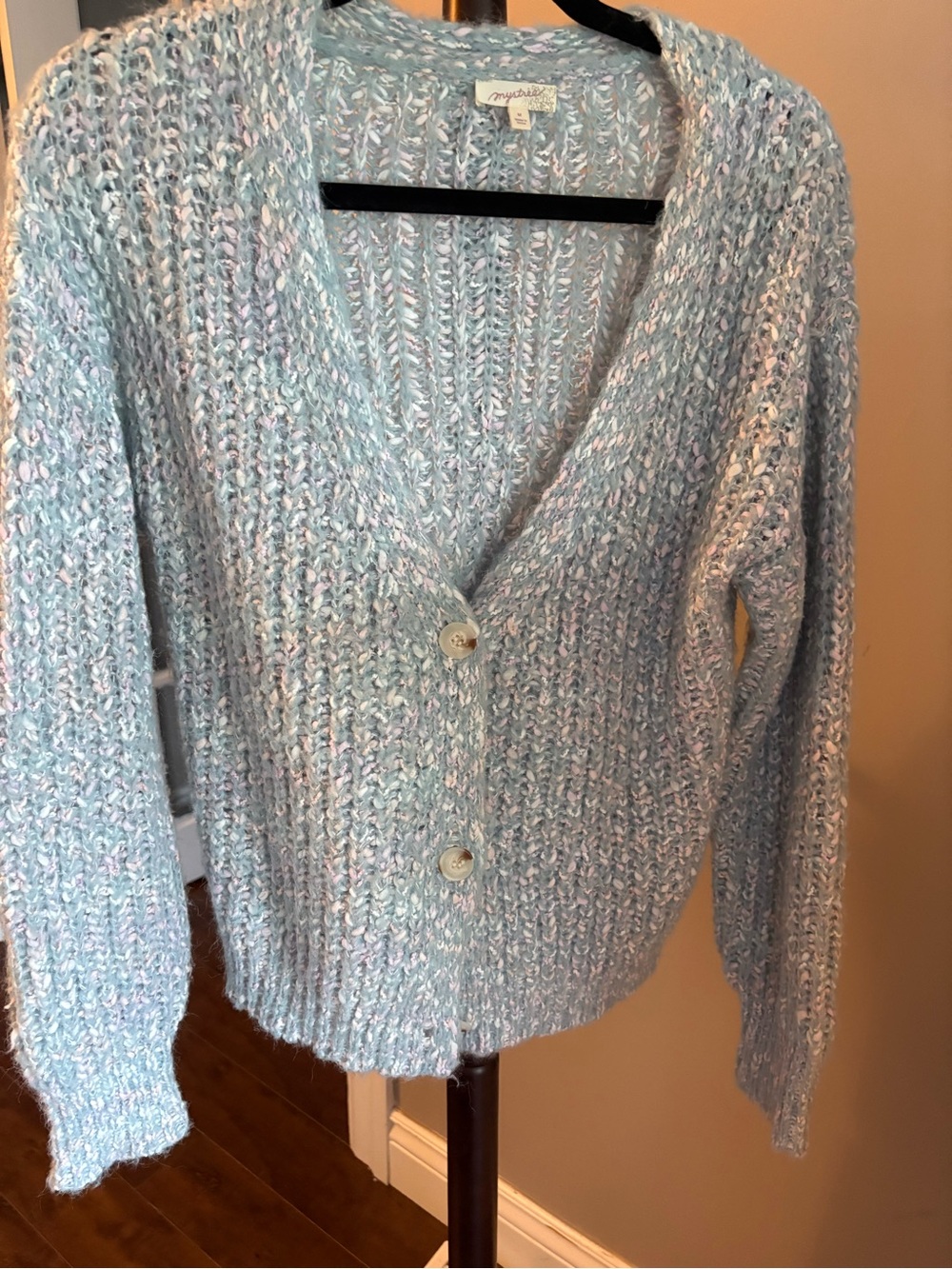 Mystree Light Blue Marled Knit Button Cardigan